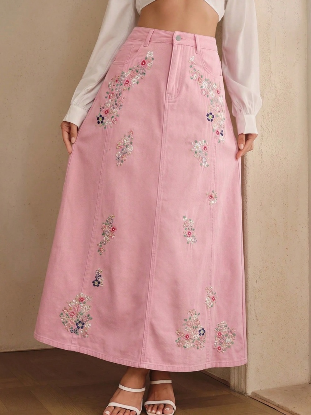 Western Floral Embroidered Mid Waist Denim maxi Skirt